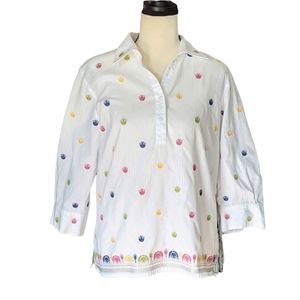 Talbots Petite Embroidered Floral White Collared Top Size SP